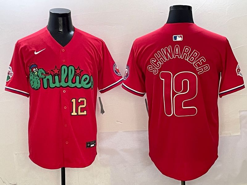 Men Philadelphia Phillies #12 Schwarber Red three generations Joint Name 2025 Nike MLB Jersey style 4